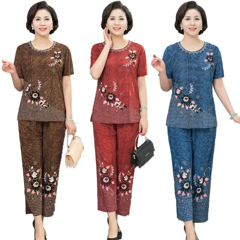 Set Middle-Aged Elderly Mothers Two-Piece Top + Pants Women\'s Summer Clothes Small Shirt Grandma Loose Female Old Lady Suit A311