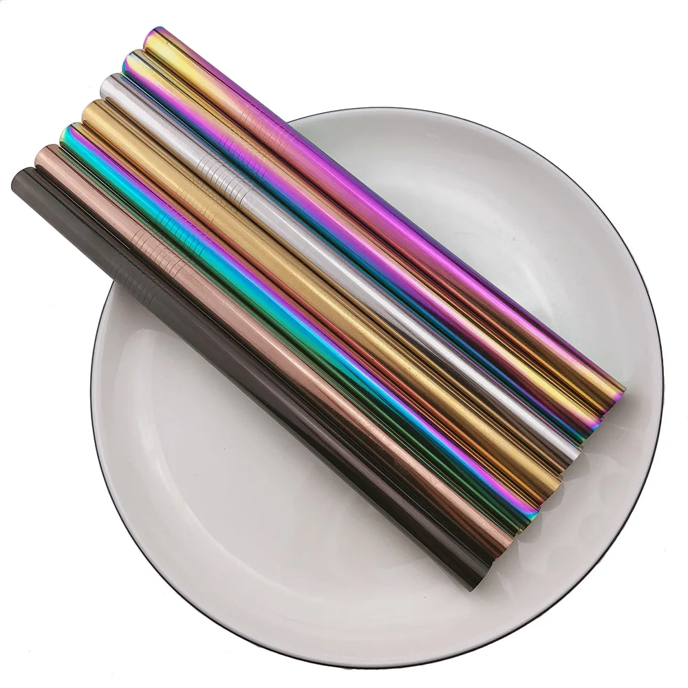 6/8/12*215mm Stainless Steel Rainbow Black Drinking Straw Reusable Straight Metal Straws Fruit Juice Milk Bar Accessories 1pc