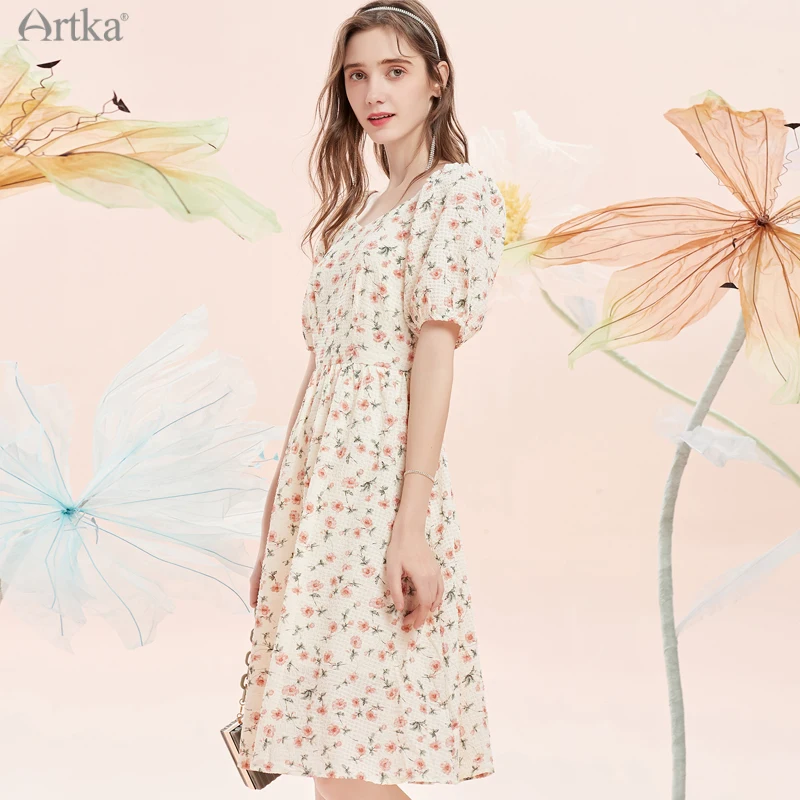 

ARTKA 2021 Summer New Women Dress Elegant Floral Soft Chiffon Dresses Puff Sleeve High Waist Midi Dress With Belt LA29019X