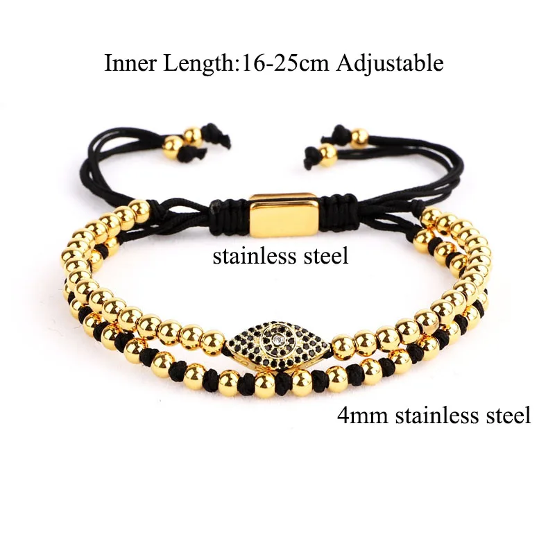 High Quality New Fashion Stainless Steel Beads CZ Pave Cute Eye Charm Braided Macrame Bracelet Women Men