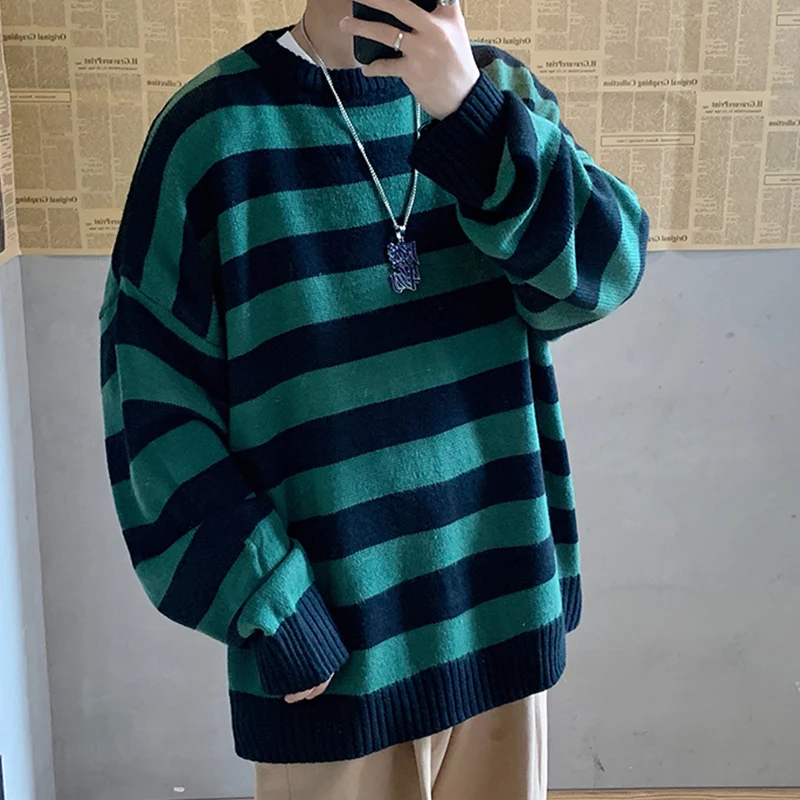 Winter Knitted Sweater Men Striped Sweaters O-Neck Pullover Male Harajuku Oversized Sweaters Women Couple Hip Hop Jumper 2022