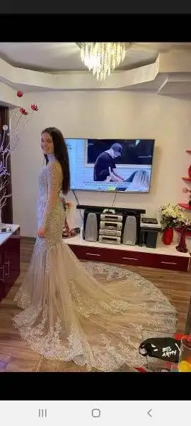 Vestido de casamento muçulmano sereia de renda personalizado com mangas compridas gola alta vestidos de noiva da Arábia Saudita Dubai vestido de noiva africano