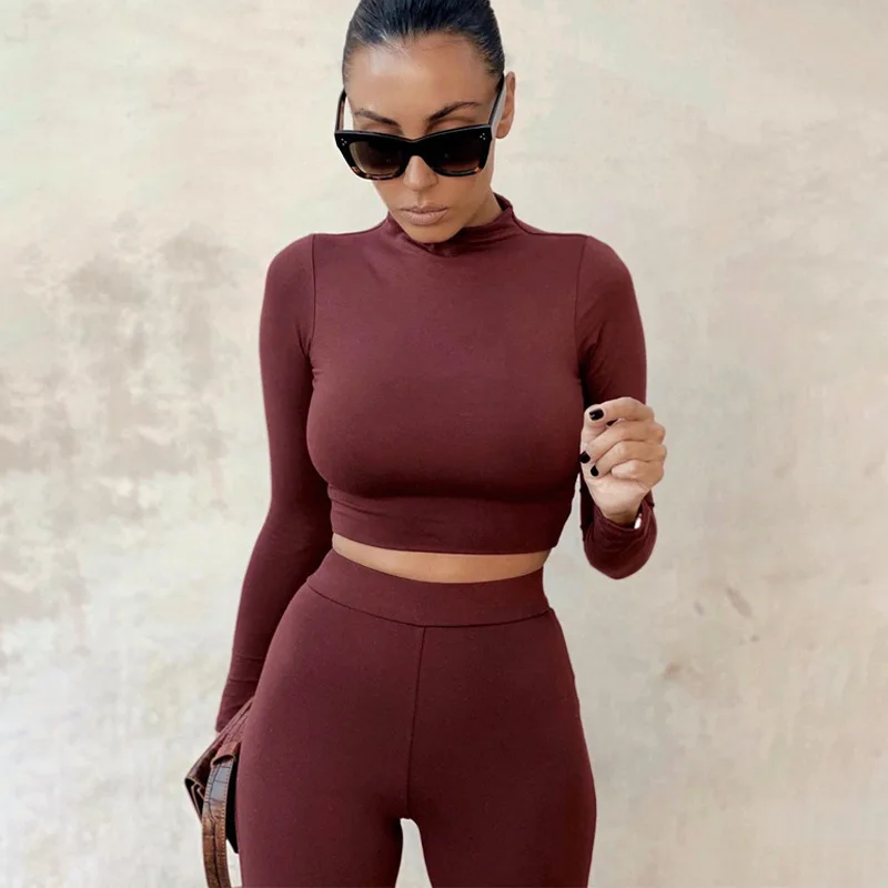 HAWTHAW women spring autumn long sleeve soild colorcrop tops long pant tracksuit two piece clothes suit outfits matching sets