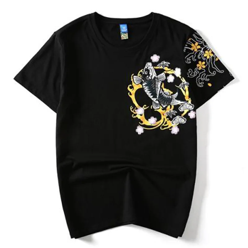 Hip Hop T Shirt Men Embroidery T Shirt Chinese Fish Flower Cotton Short Sleeve O Neck Casual Retro Harajuku Summer Top Youth