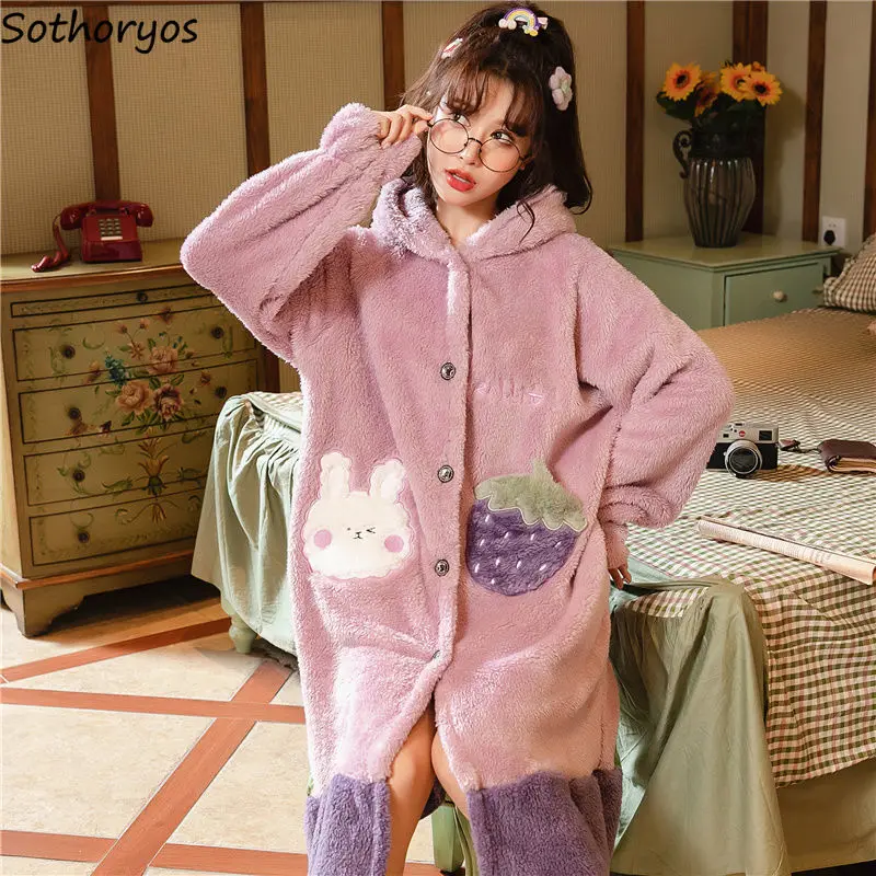 

Hooded Nightgown Women Sleepwear Pocket Lace Patchwork Cartoon Cute Leisure Warm Comfortable Flannel Single Breasted Sweet Chic