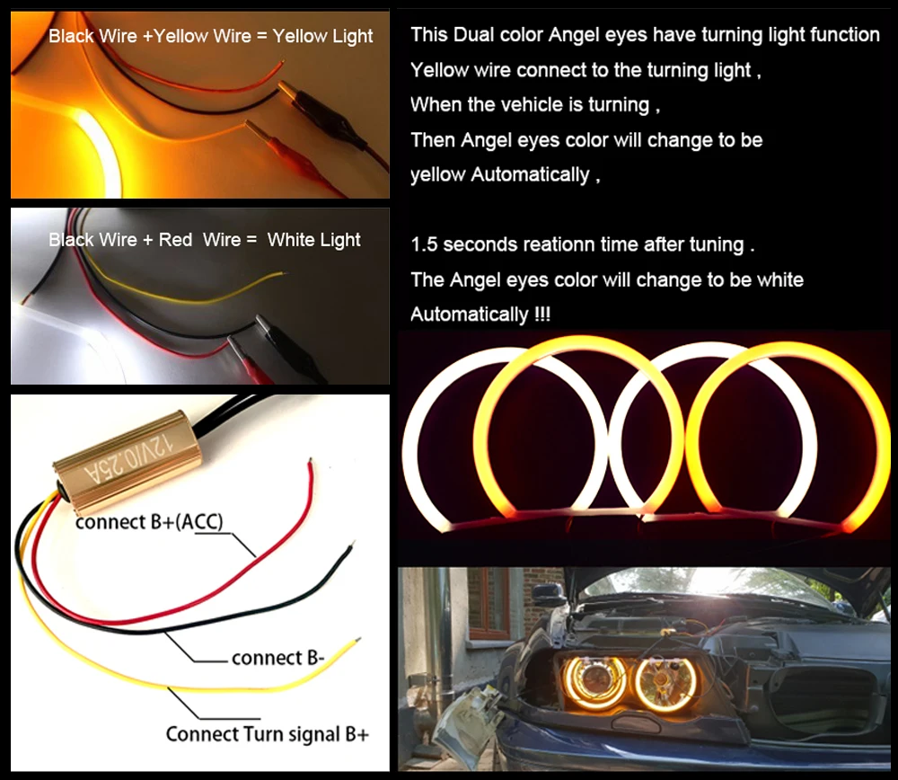 1 set white+yellow Cotton light angel eyes halo ring kits for BMW E36 E38 E39 E46 Sedan Coupe Touring Cabrio projector 4x131mm