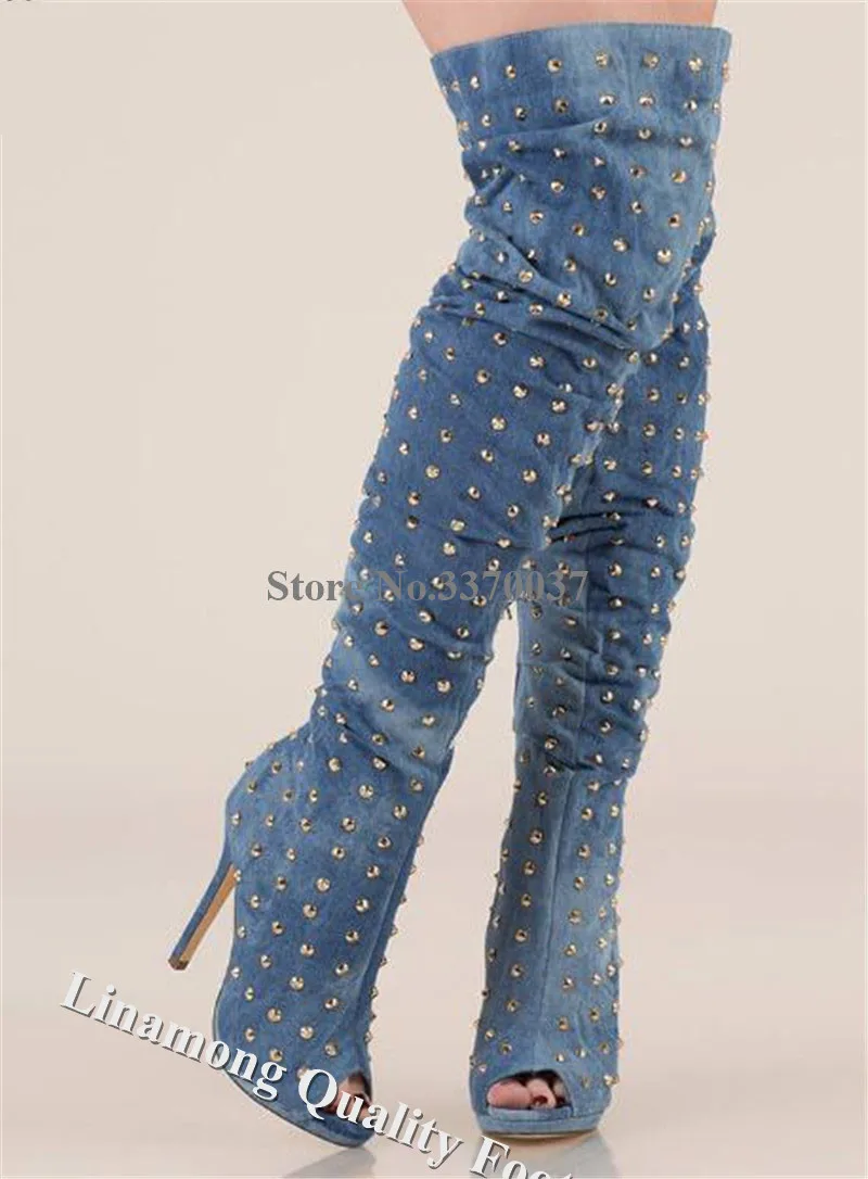 Western Fashion Peep Toe Denim Over Knee Stiletto Heel Gold Rivet Boots Blue Black Long High Heel Boots Dress Heels Shoes