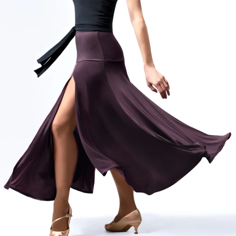 Women Left Split Elegant Coffee Elastic Long Women Ballroom Dance Skirt Flamenco Skirt Dance Clothes