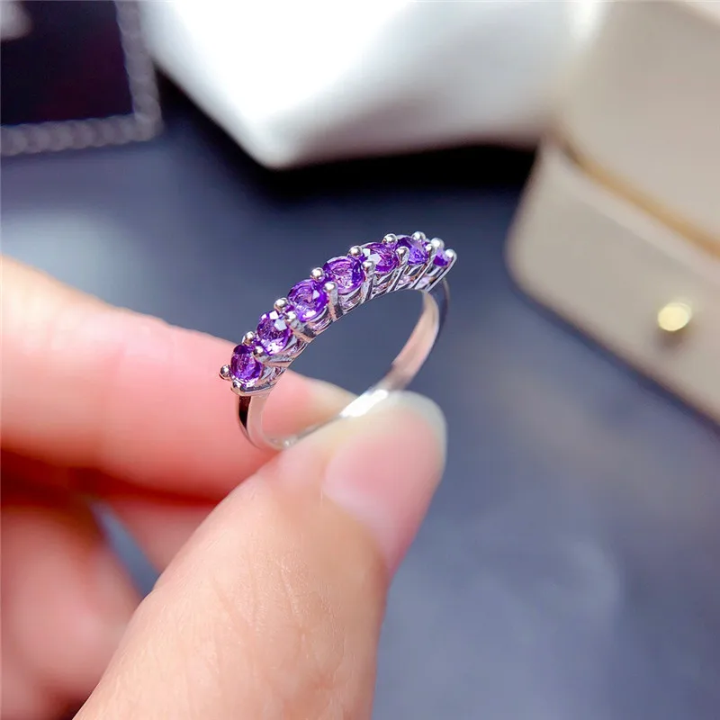 Natural Amethyst Ring for Women Anniversary Gift 3MM 7Pieces Purple Gemstones Fine Jewelry Band Rings Real 925 Sterling Silver