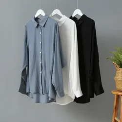 Women Tops and Blouses Streetwear Boyfriend Style Wide Long Sleeve Loose Oversized Shirt Relaxed Chic Asymmetric Button Up Tops