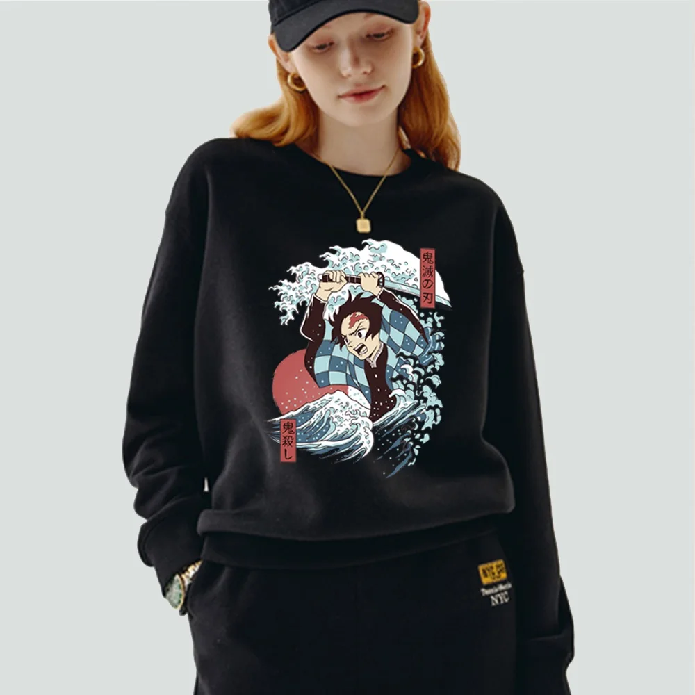 Sudadera informal de manga larga para mujer, jersey con cuello redondo y estampado de patrón de onda, sudadera suave negra para ir al trabajo, ropa