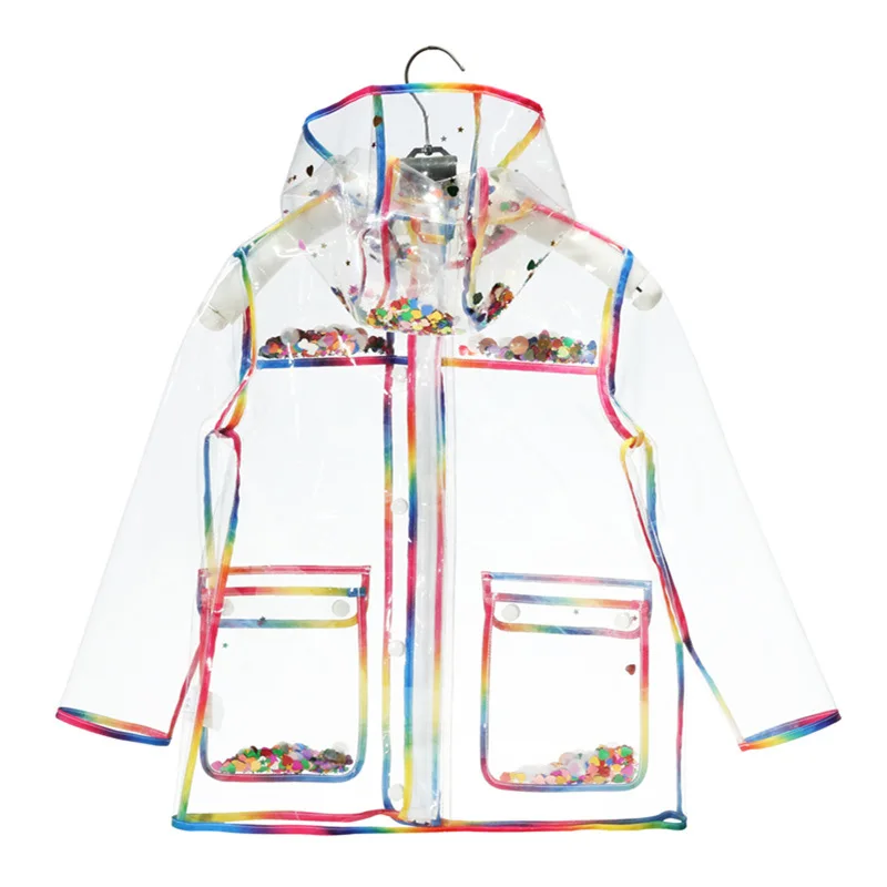 Transparent Rainbow Colorful Edge Kids Raincoat Waterproof TPU Children Windproof Rain Coat Jacket With Hood Boys Girls Poncho