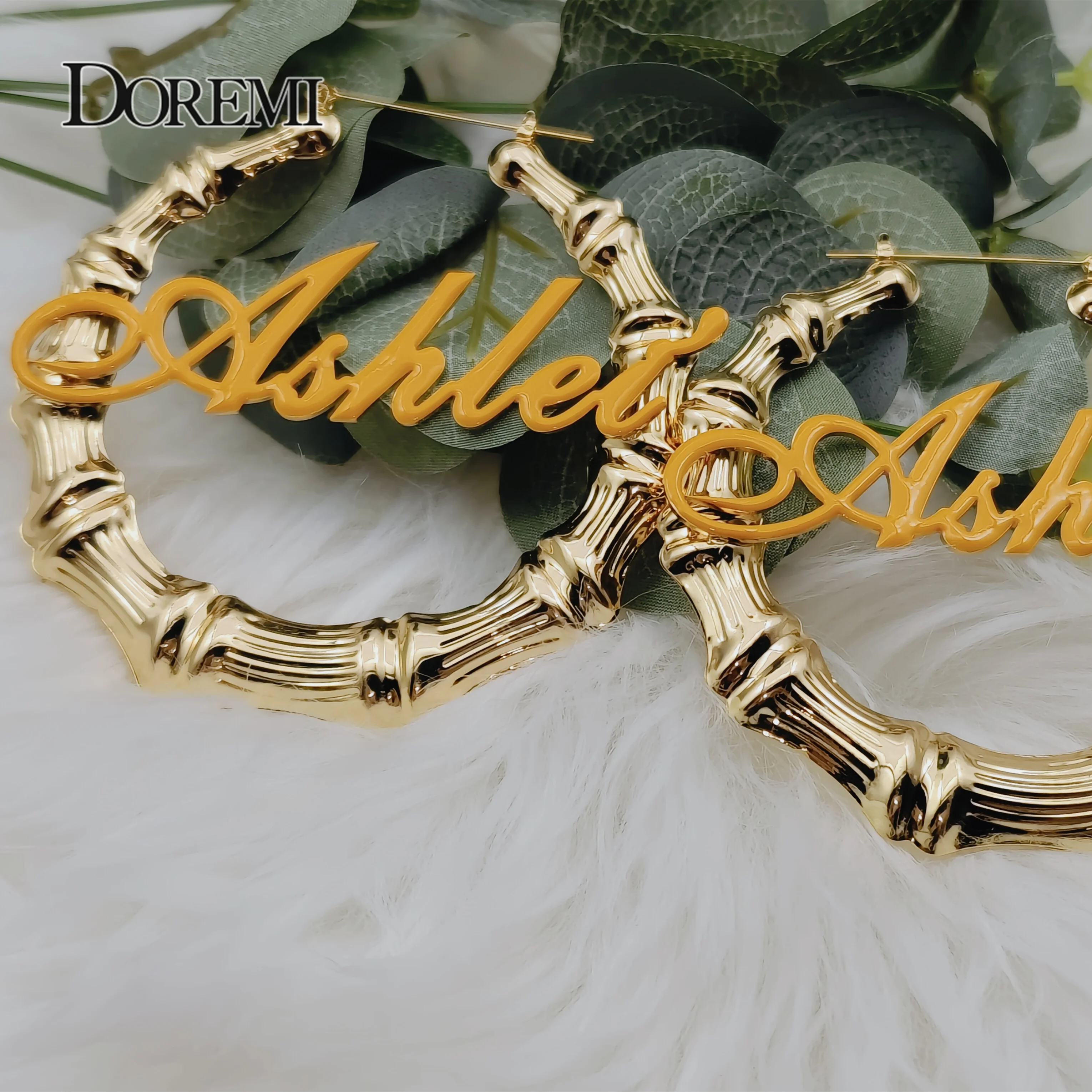 DOREMI Stainless Steel 30-100MM Custom Name Earrings Personalized Enamel Bamboo Big Earrings  Design for Women Hiphop Jewelry