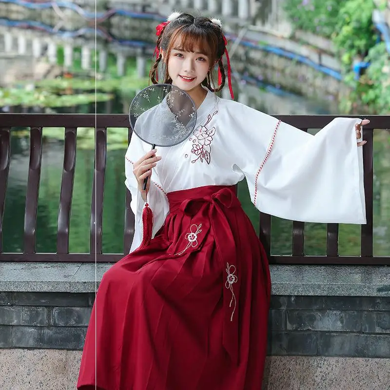 Japanese Dress Women Kimono Cardigan Girls Skirt Top Set Floral Embroidered Full Sleeve Yukata Haori Ancient Oriental 2Pcs Suit