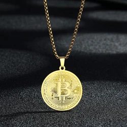 Kinitial Circle Bitcoin Pendant Necklace Stainless Steel Bitcoin Charm Chain Choker For Men Women HipHop Jewelry