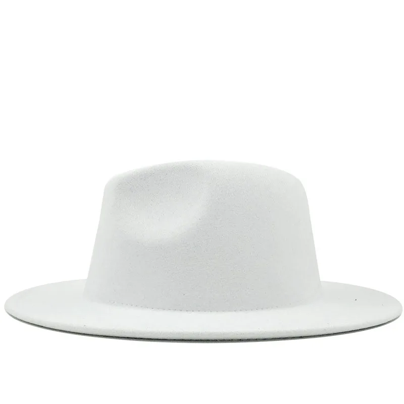 New Outer white Inner pink Wool Felt Jazz Fedora Hats with Thin Belt Buckle Men Women Wide Brim Panama Trilby Cap 56-58CM