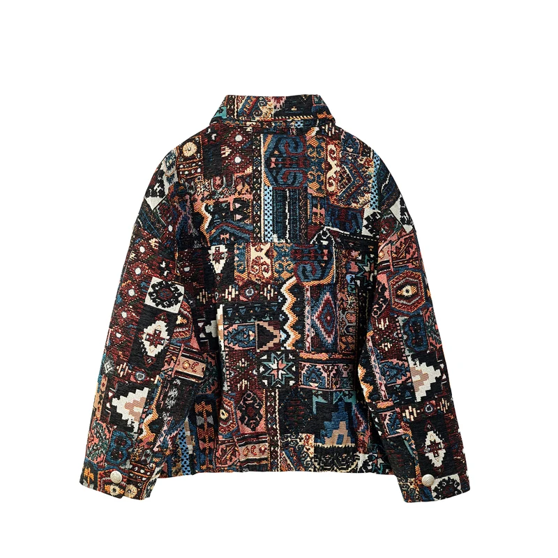 New Retro Short Jacket Spring Autumn Designer Long Sleeve Printed Ethnic Loose Lapel Top Coat For Women Size Chaqueta Mujer