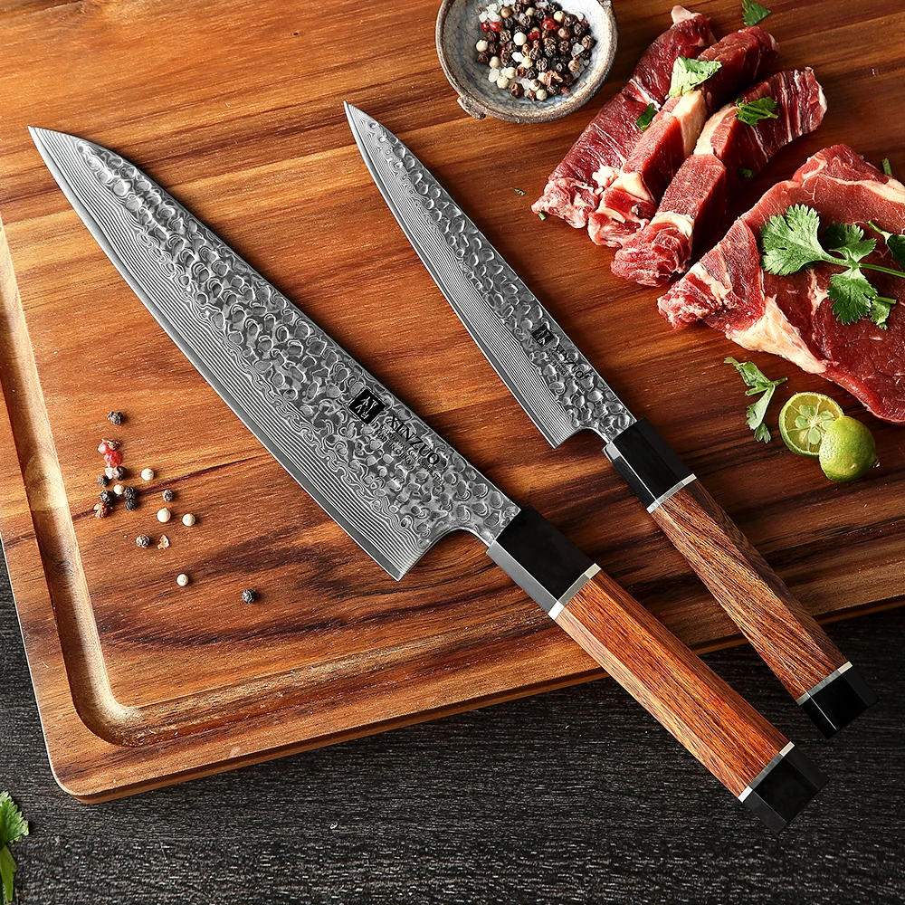 XINZUO 2PCS Kitchen Knife Set Damascus Steel VG10 Steel Knives Tools Utility Chef Knives Cutter Tools Desert Ironwood Handle