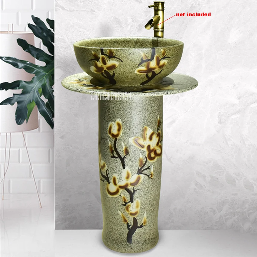 YSHT-1501 Vertical Floor Column Wash Basin With Pedestal High Temperature Firing Carving Pedestal Sink Integrated Ceramic Basin