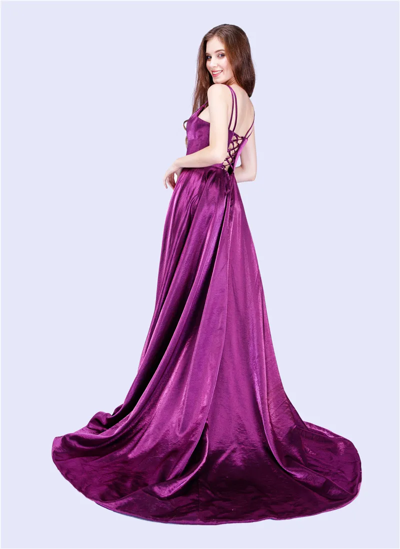 Simple robe de soiree Satin Evening Dress Long 2020 A-line High Slit Girls Formal Party Dress Crisscross Back vestido de festa