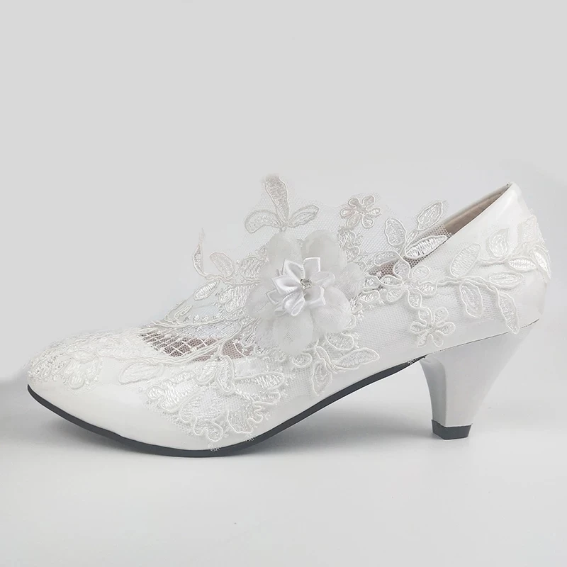 New Women White Flower Bride Wedding Shoes Party Dress Shoe Ladies Round Toe High Heel Pump Princess shoe Handmade customization