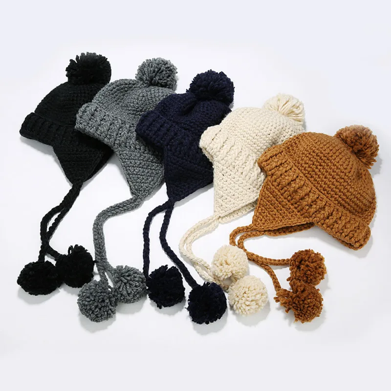 

H3588 Women Bomber Hat Girl Winter Warm Ear Protection Korean Sweet Cute Hair Ball Knitted Cap Student Pure Color Casual Caps