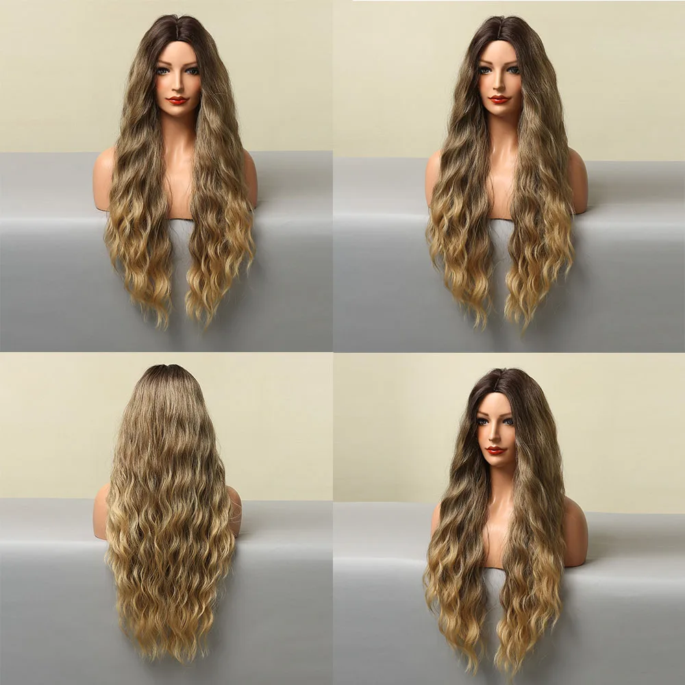 HENRY MARGU Long Wavy Brown Blonde Ombre Synthetic Wigs Natural Cosplay Hair Wigs for Black Women Middle Part Wig Heat Resistant