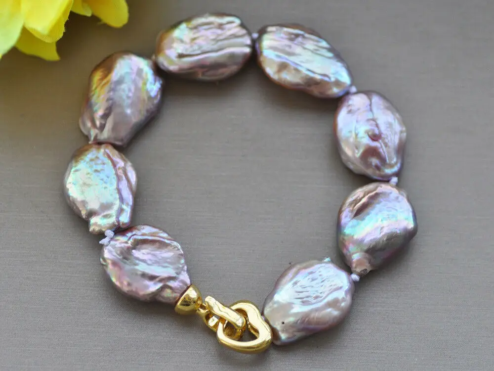 

Florid 8" 21mm Peacock Lavender Baroque Coin Keshi Pearl Bracelet