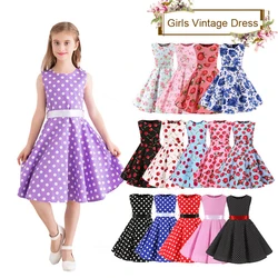 Girls Vintage Dress Summer Sleeveless Polka Dot A-Line Rockabilly Floral Print Princess Dresses for Party Special Occasion