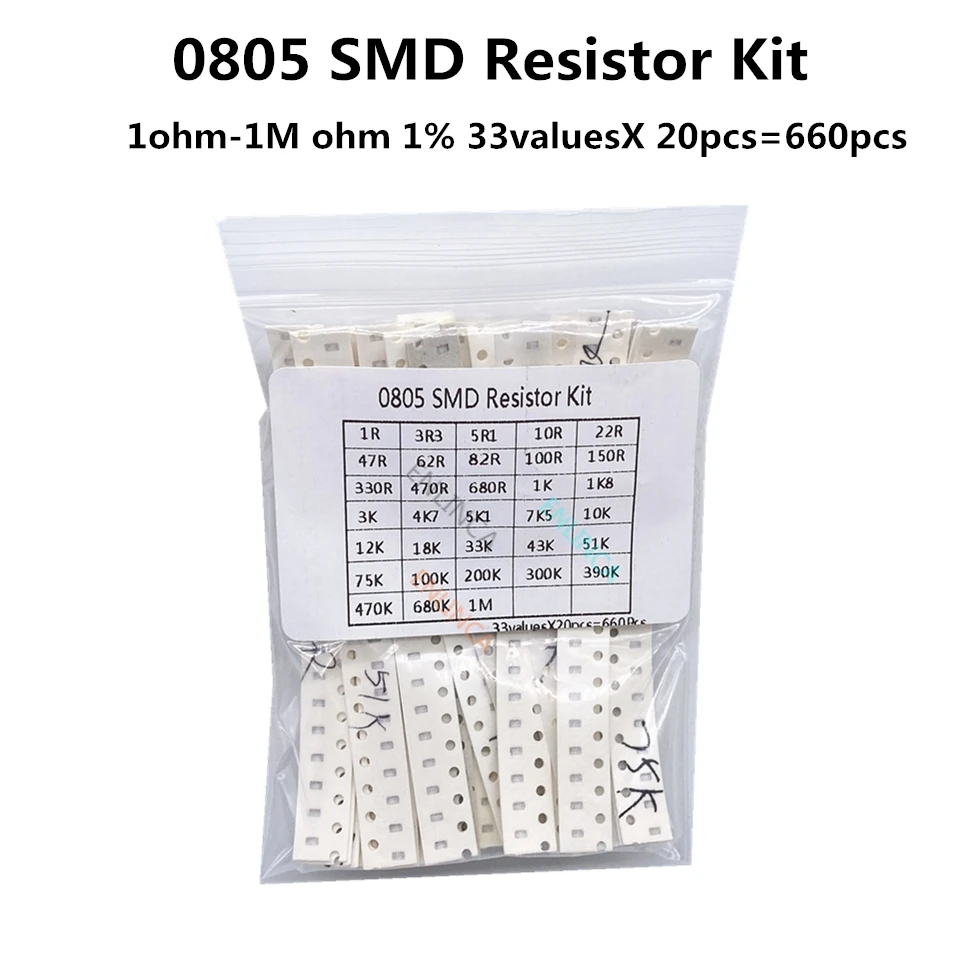 

0805 SMD Resistor Kit Assorted Kit 1ohm-1M ohm 1% 33valuesX 20pcs=660pcs Sample Kit