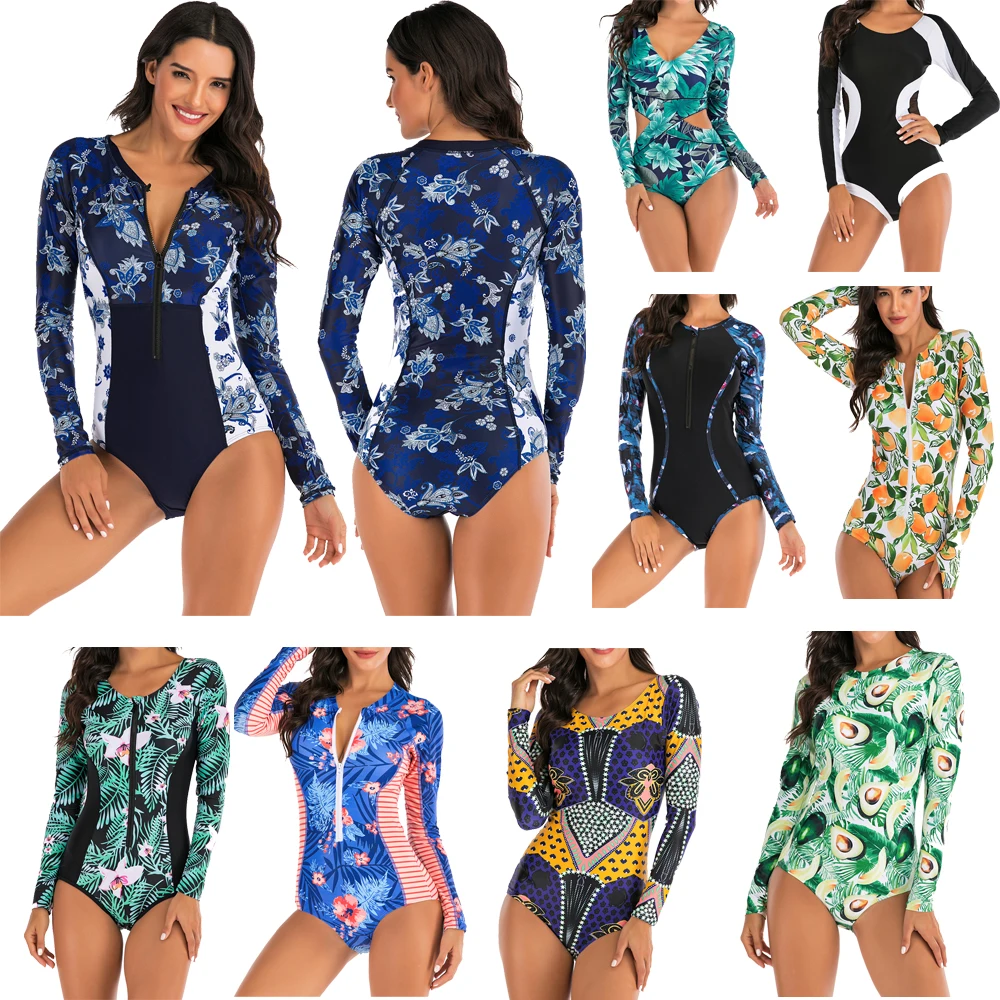 Lady One Piece Swimsuit Print long Sleeve Women zipper Rash Guard Swimwear Bathing Suit female Surfing Swimming Suit