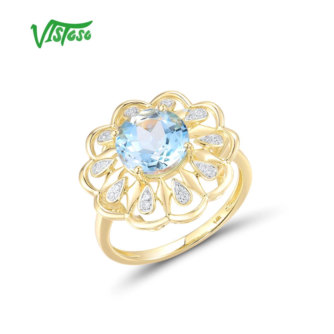 VISTOSO Genuine 14K 585 Yellow Gold Ring For Women Sparkling Blue Topaz Diamond Flower Ring Luxury Glamorous Gift Fine Jewelry