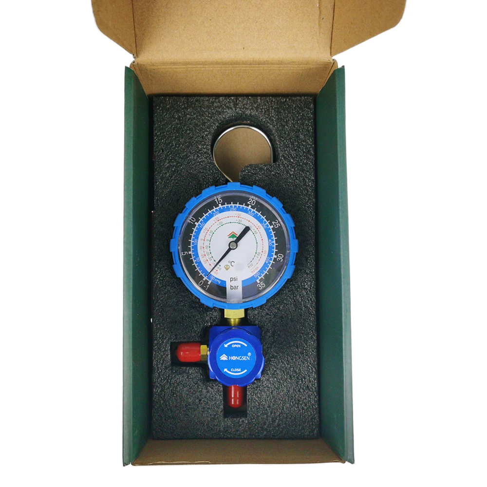 HS-468AL Niedrigen Druck Einzigen Meter Mit Ventil Klimaanlage Dosierung Meter 1-weg Manifold Gauge Für R410a R32 Kälte