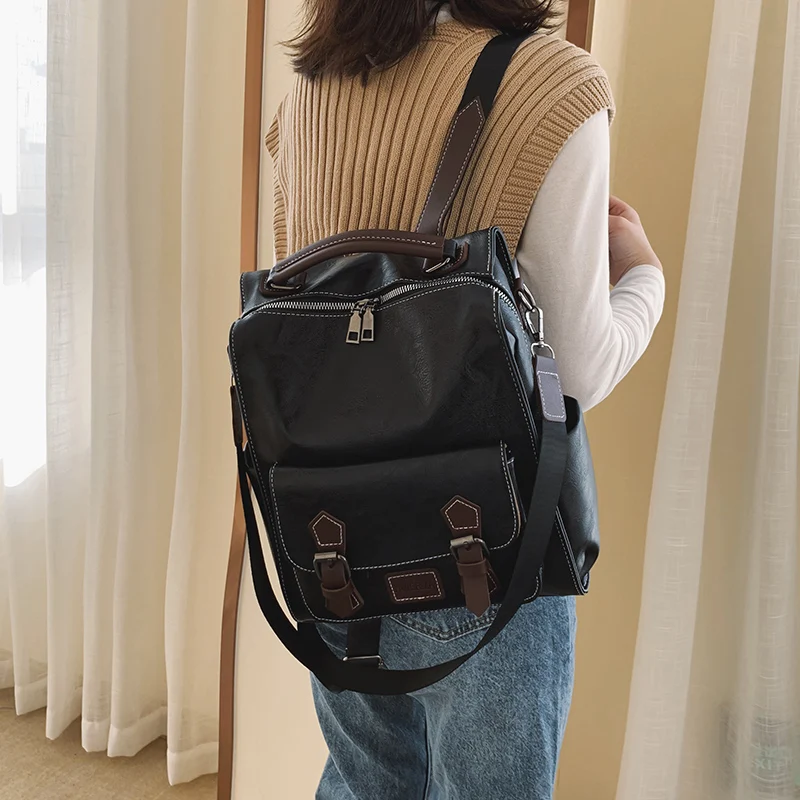 Preppy Large Capacity Pu Leather Women Backpack Fashion College School Bag Backpacks Vintage Classic Double Shoulder Bag Mochila