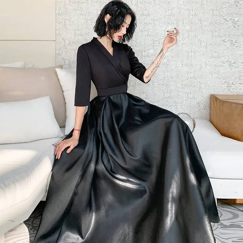 

Plus size black half sleeves satin pleat vestidos de fiesta de noche prom party evening dresses robe de soiree long gown frock