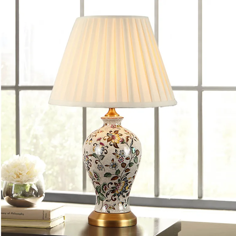 New Chinese style retro ceramic Table Lamps American creative warm copper fabric LED E27 deco lamp bedside&foyer&studio JTSJ002