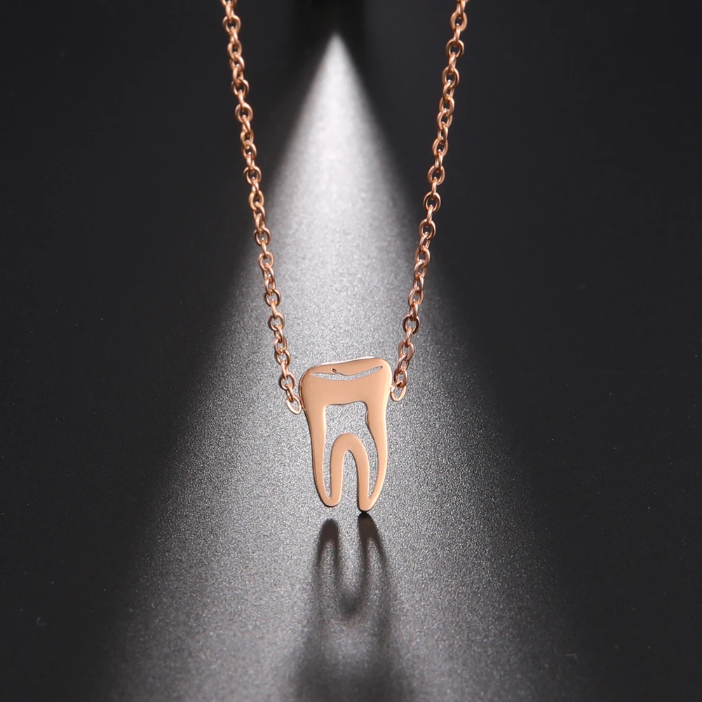 Cazador Cute Dentist Tooth Necklace for Women Black Rose Gold Color Stainless Steel Chain Necklaces Fashion Jewelry Wholesale