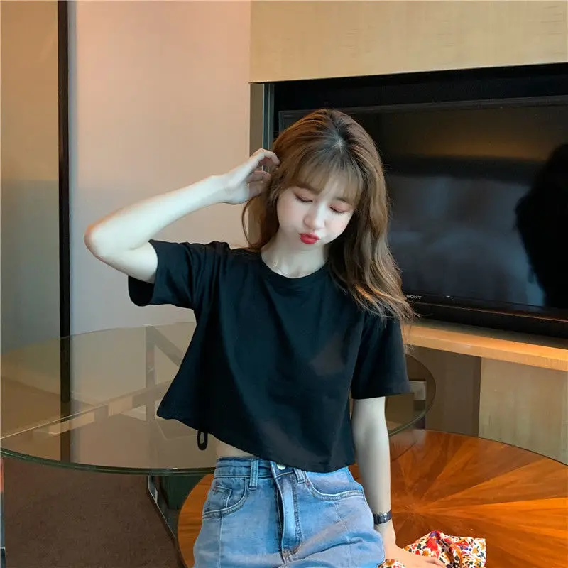 Short Sleeve T-shirts Women Bow All-match Hollow Out Sexy Korean Fashion Womens Tops Simple Slim O-neck Streetwear Harajuku New