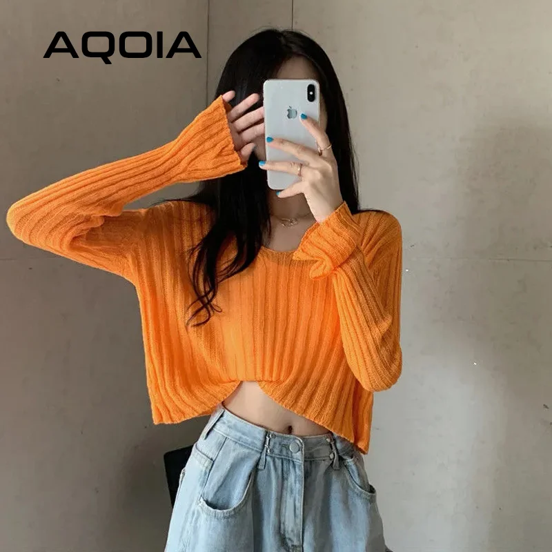 2022 Spring Sexy Solid Color thin Women Sweater Long Sleeve Loose Transparent Short Womens Sweaters INS V Neck Female Pullovers