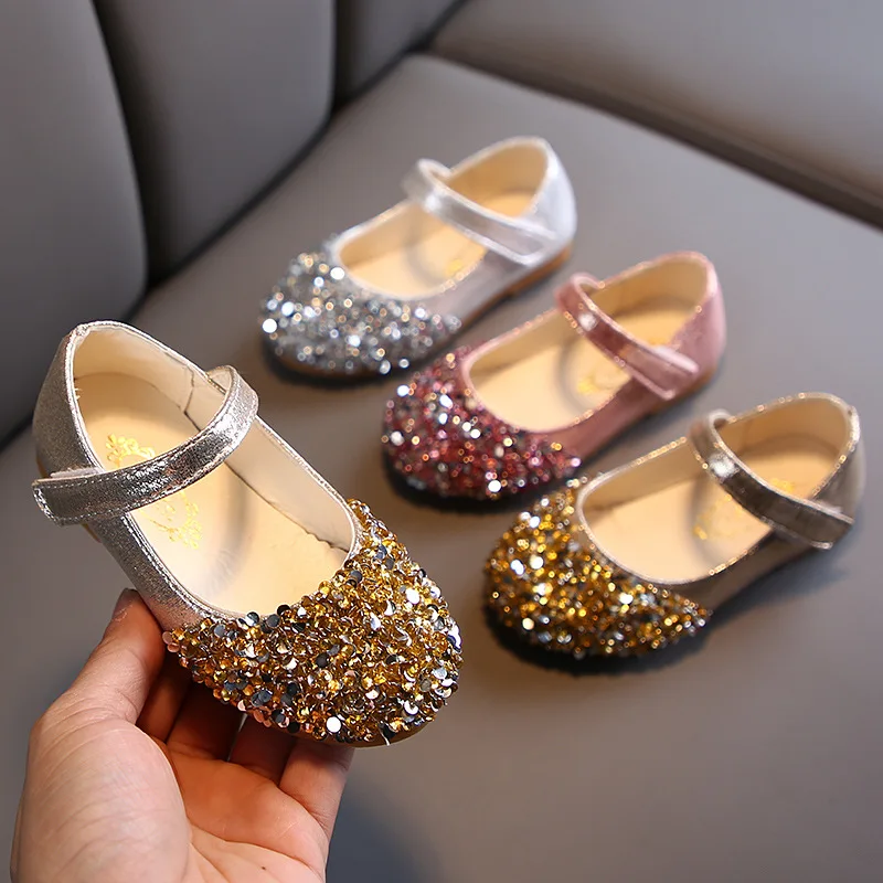 Girls Rhinestone Princess Shoes Flats Baby Dance Party Girls Shoes Sweet Antiskid Soft Children Bling Kids Shoes 2022New E724