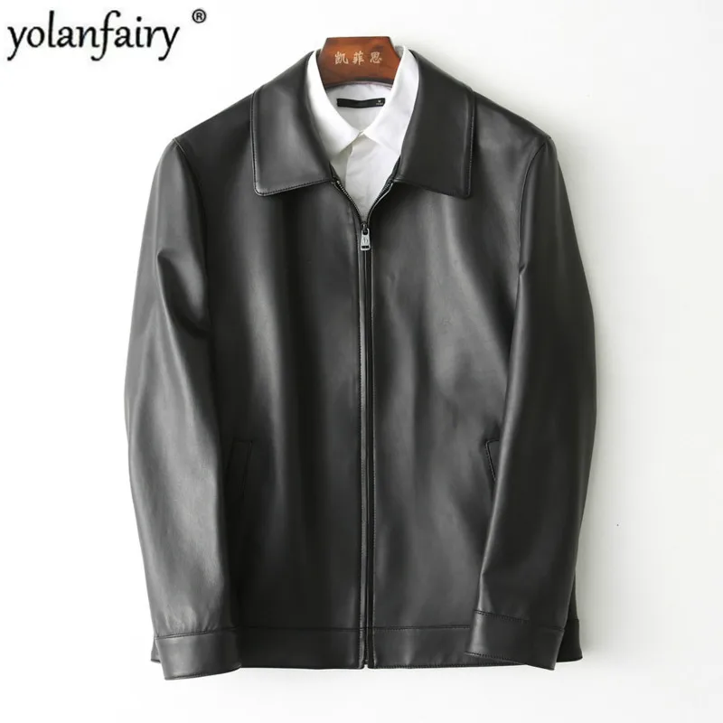 Genuine Leather Jacket Men 2020 Sheepskin Leather Coats Mens Leather Jacket Shirt Collar Short Coat High Quality KFS180196-1