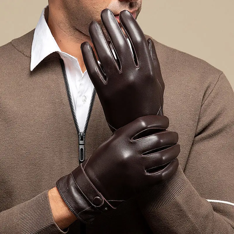 

Men's Autumn Winter Genuine Leather Gloves Male Natural Sheepskin Leather Winter Touchscreen Driving Glove R396