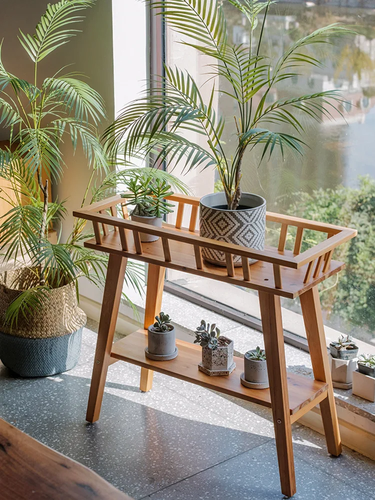 Solid Wood Flower Stand Flower Pot Storage Rack Pine Double Floor Living Room Balcony Bonsai Plant Decoration Shelf