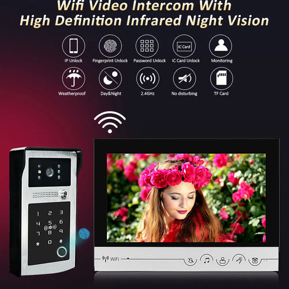 9 inch WIFI Video Intercom for Home Monitor entry system with Password/RFIC Fingerprint Unlock Doorbell Camera