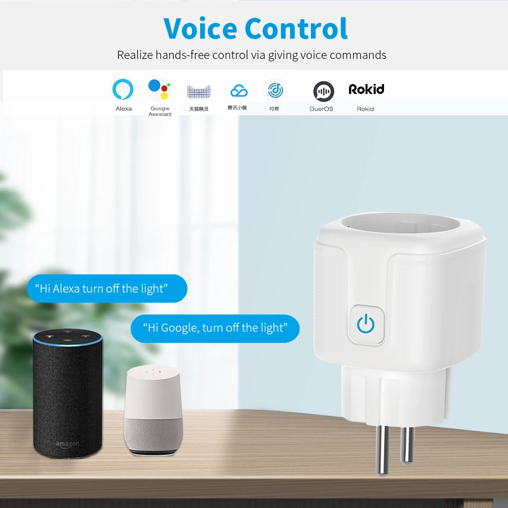 Enchufe inteligente con WIFI, adaptador inalámbrico con Control remoto por voz, Monitor de potencia, temporizador, enchufe de salida para Google