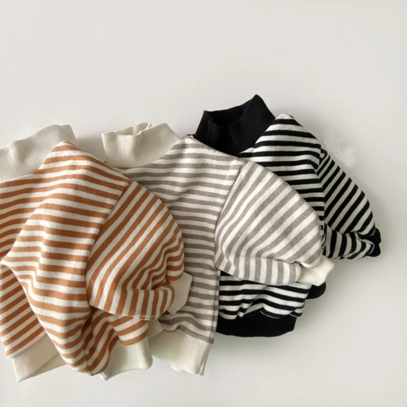 Sudadera a rayas de terciopelo grueso para niños, Sudadera con capucha cálida, holgada, informal, Tops de moda para niñas, novedad de invierno, 2023