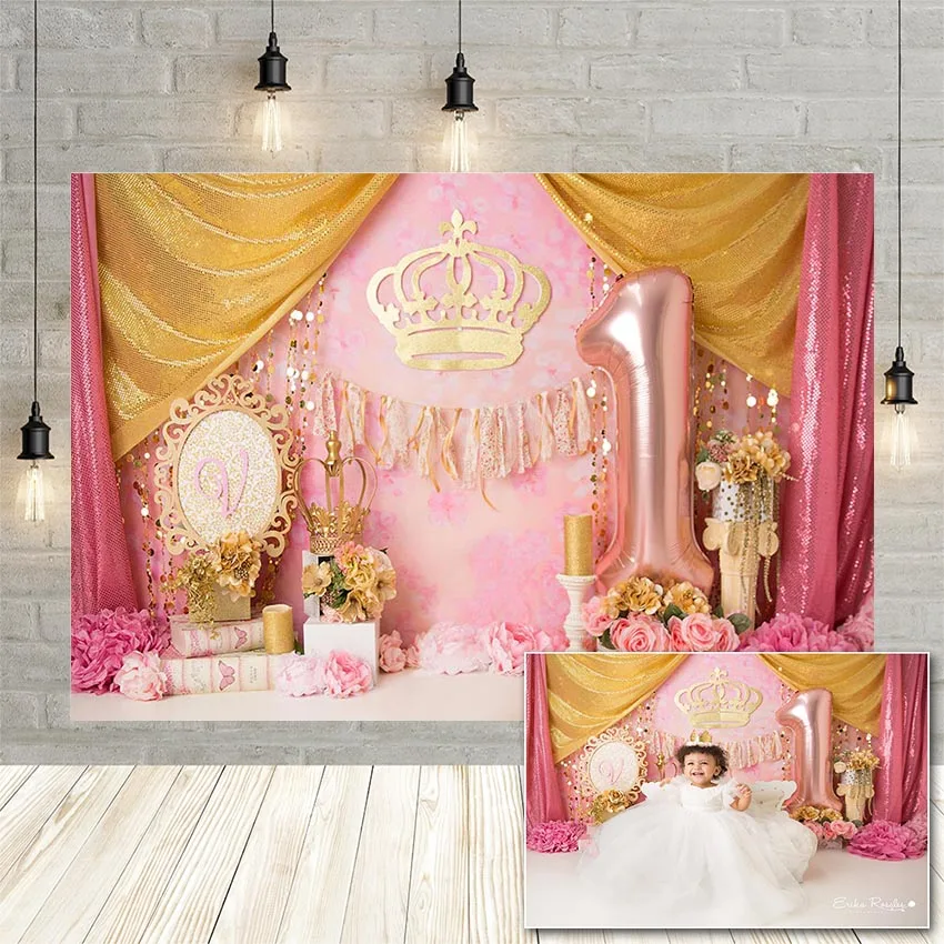 Avezano Girl 1st Birthday Party Photography Background Pink Floral Crown Baby Portrait Decor Backdrop Photophone Photo Studio