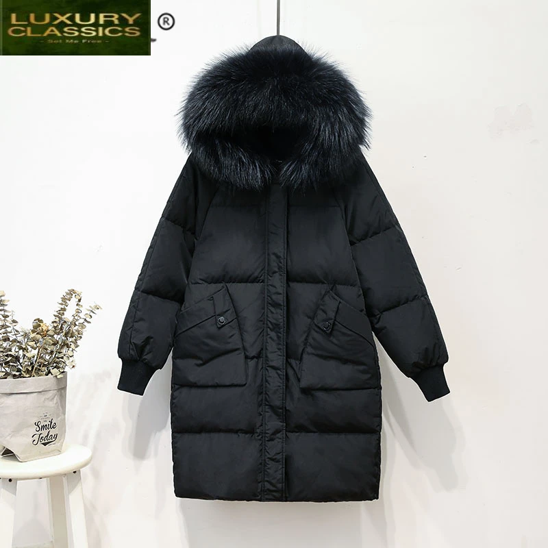 

Jacket Women's + Down Large Fur Hooded Warm Duck Down Coat Female Korean Thick Long Jacket Women Winter Clothes 2021 8001