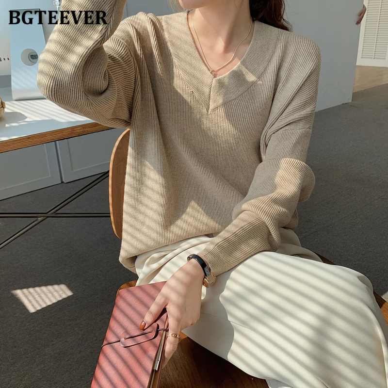 BGTEEVER Elegant V-neck  Knitted Women Sweaters Full Sleeve Loose Female Pullovers Jumpers Autumn Winter Thick Ladies Knitwear