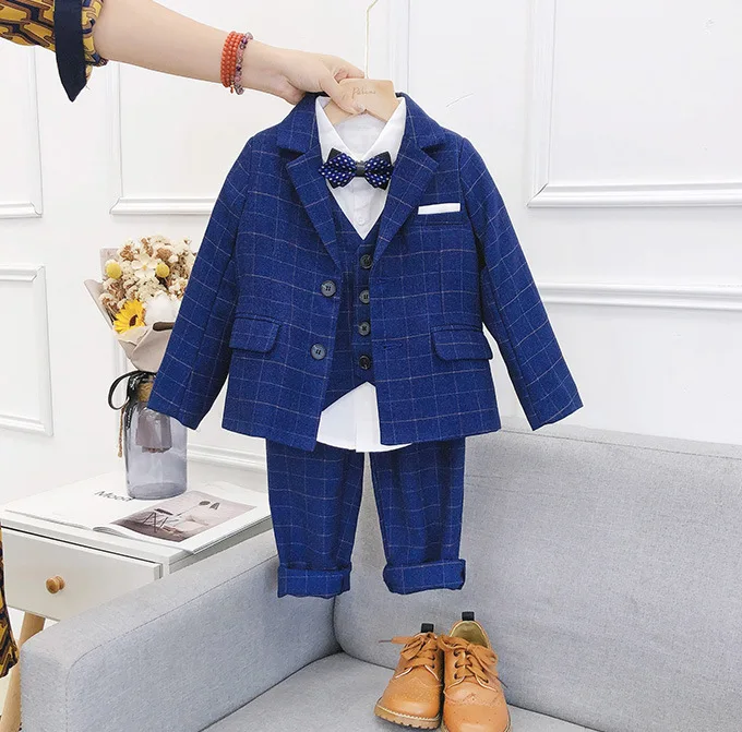 2020 Autumn Children Formal Suit Set Flower Boys Plaid Blazer Vest Pants 3pcs Clothes Set Kids Party Wedding Piano Show Costume